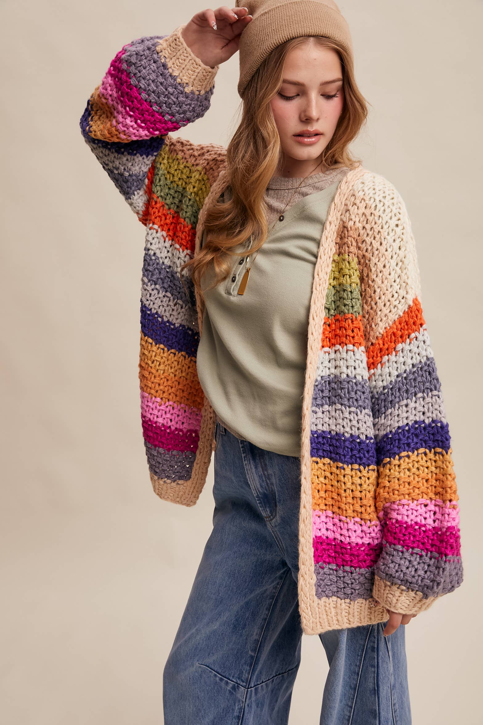 Rainbow Hand-Crochet Open Cardigan