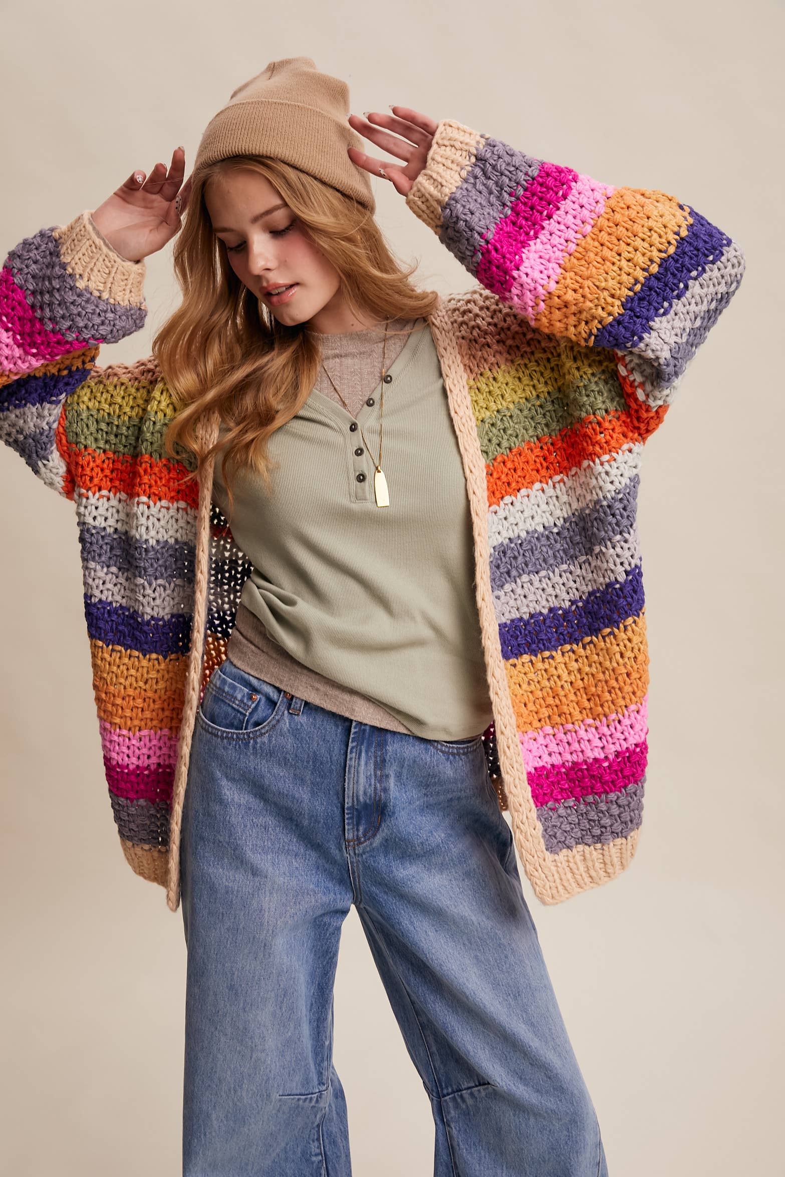 Rainbow Hand-Crochet Open Cardigan