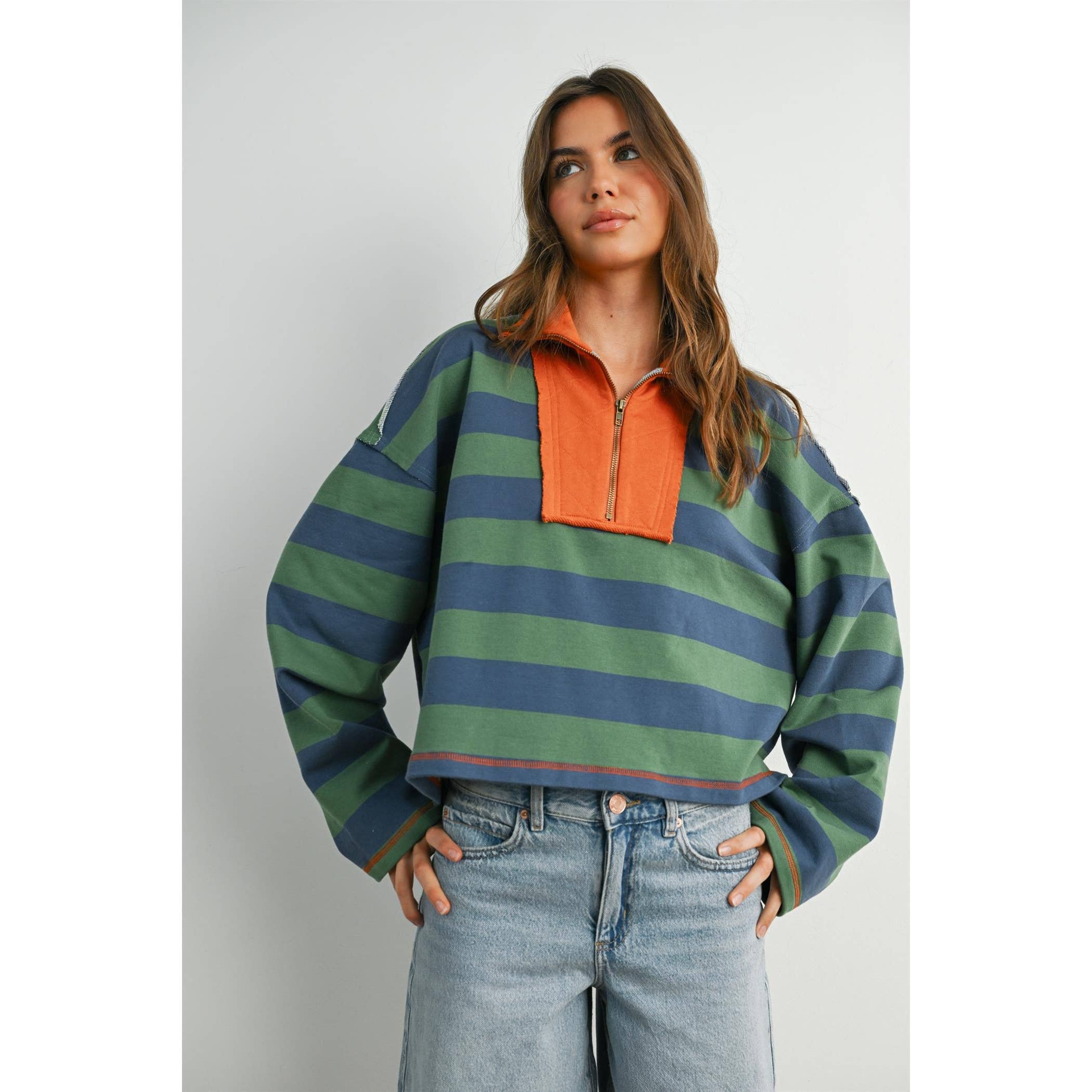 Striped Quarter-Zip Collar Sweatshirt