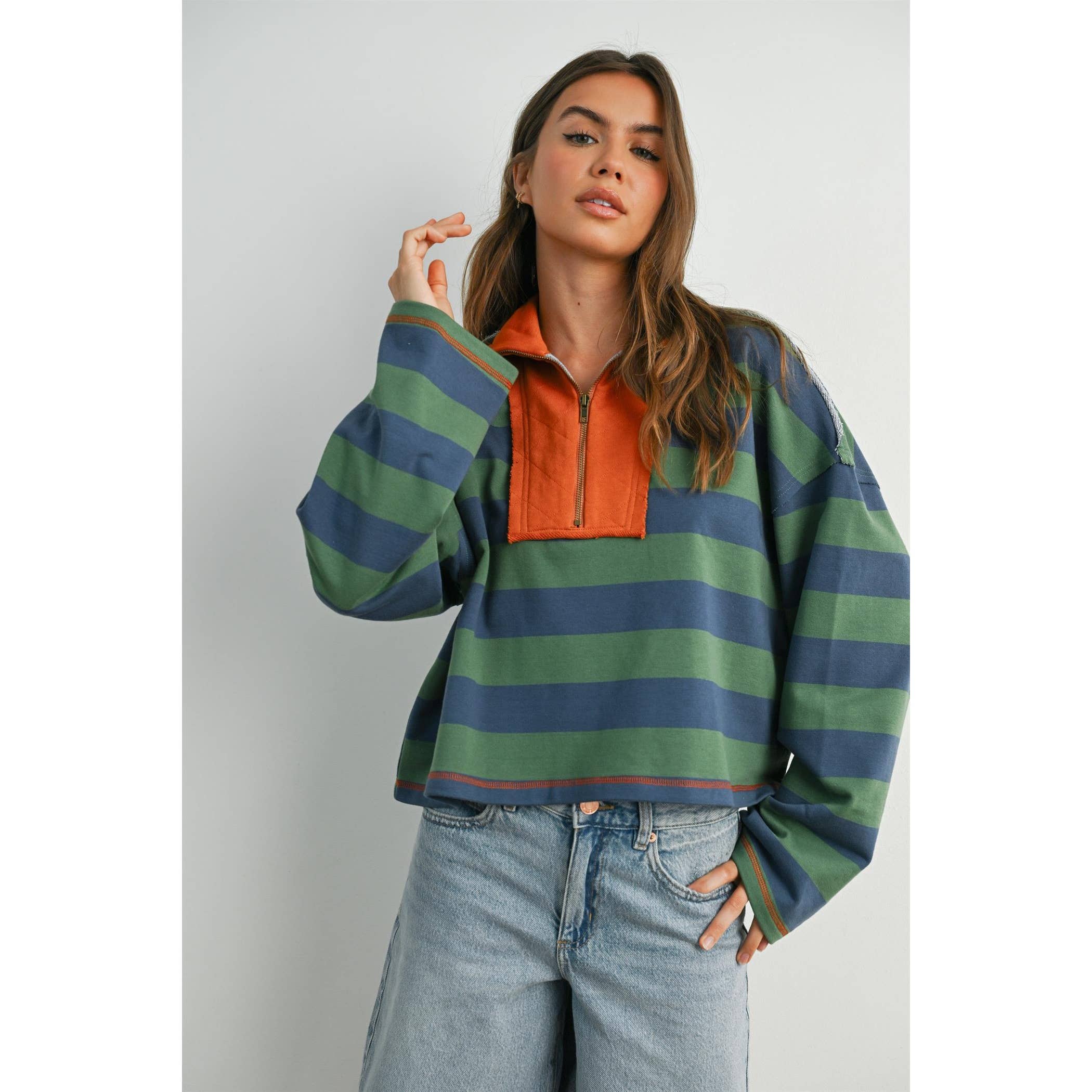 Striped Quarter-Zip Collar Sweatshirt