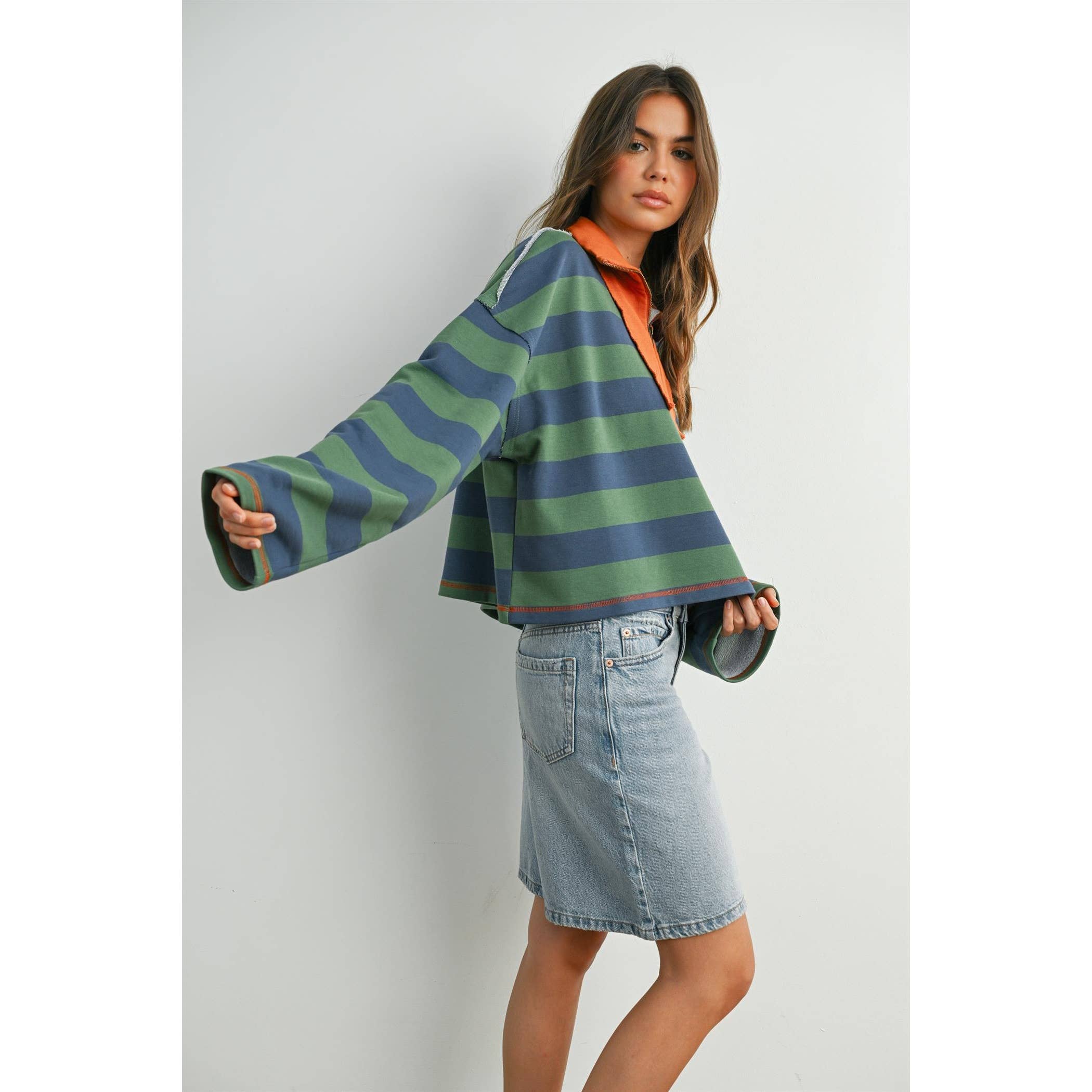 Striped Quarter-Zip Collar Sweatshirt