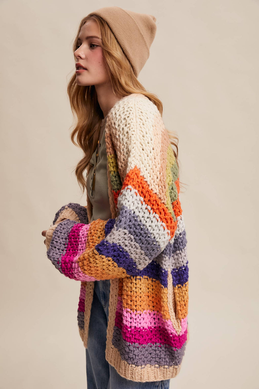 Rainbow Hand-Crochet Open Cardigan