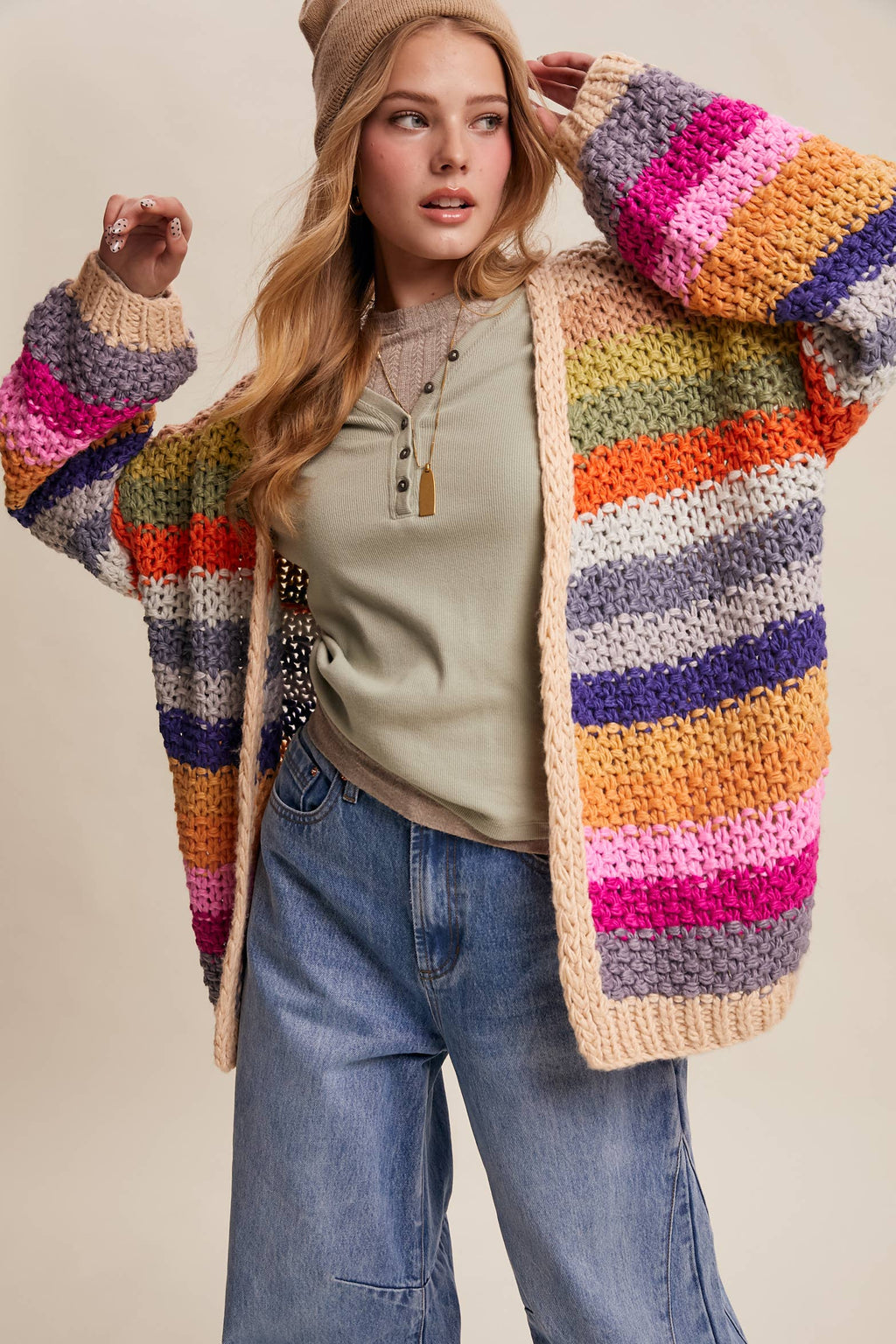 Rainbow Hand-Crochet Open Cardigan